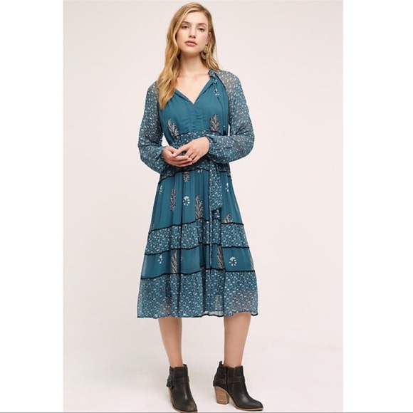 Anthropologie Eliza Tiered Kopal Boho Teal Peasant Dress Size XS $288 - Picture 1 of 13